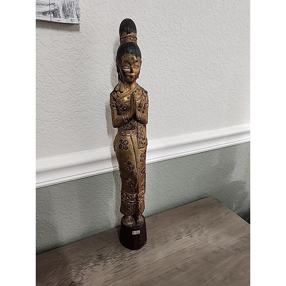 VTG  Thai Sawasdee Lady Welcome‎ Praying Statue Hand Carved Wood 20-1/2" Tall